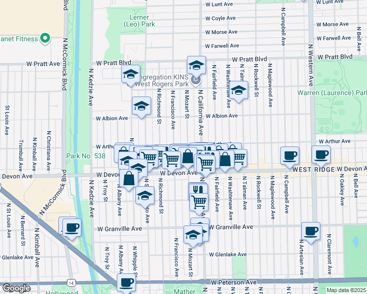 map of restaurants, bars, coffee shops, grocery stores, and more near 6431 North Francisco Avenue in Chicago
