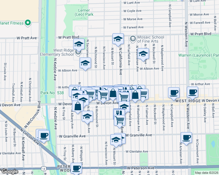 map of restaurants, bars, coffee shops, grocery stores, and more near 6431 North Francisco Avenue in Chicago