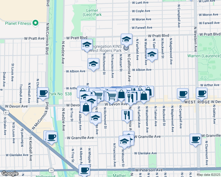 map of restaurants, bars, coffee shops, grocery stores, and more near 6431 North Francisco Avenue in Chicago