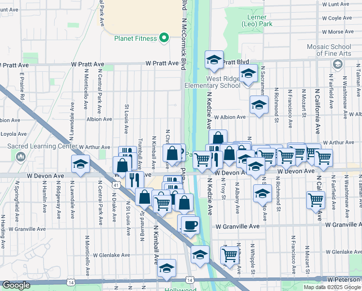 map of restaurants, bars, coffee shops, grocery stores, and more near 6438 Spaulding Avenue in Lincolnwood
