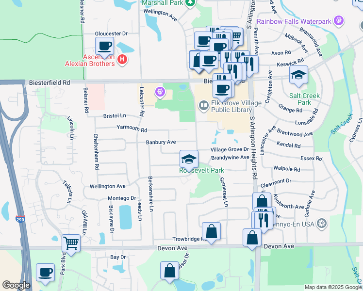 map of restaurants, bars, coffee shops, grocery stores, and more near 211 Brighton Road in Elk Grove Village
