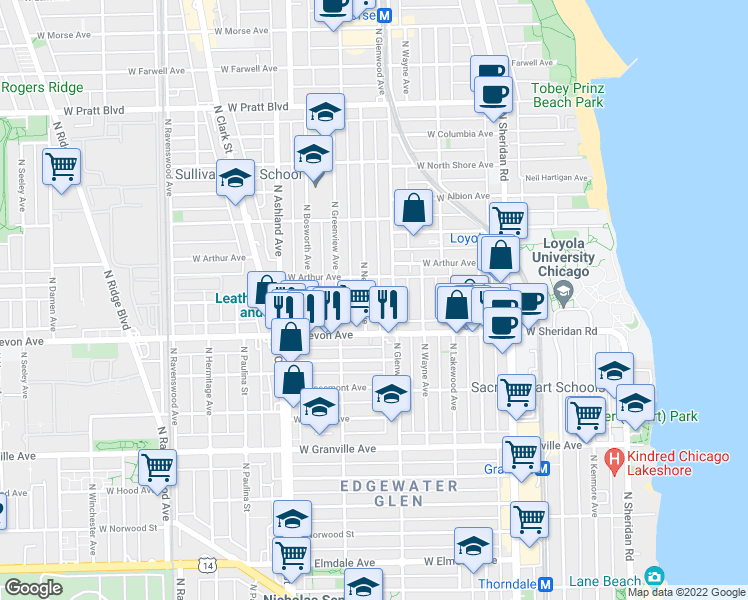 map of restaurants, bars, coffee shops, grocery stores, and more near 6410 North Glenwood Avenue in Chicago