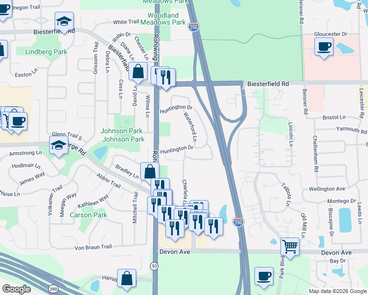 map of restaurants, bars, coffee shops, grocery stores, and more near 938 Charlela Lane in Elk Grove Village