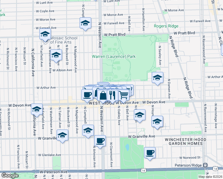 map of restaurants, bars, coffee shops, grocery stores, and more near 6449 North Claremont Avenue in Chicago