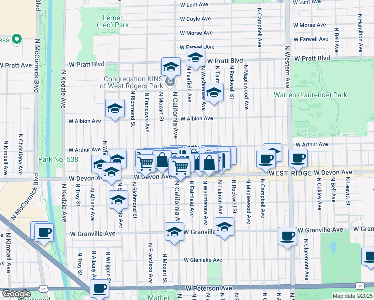 map of restaurants, bars, coffee shops, grocery stores, and more near 6428 North Fairfield Avenue in Chicago