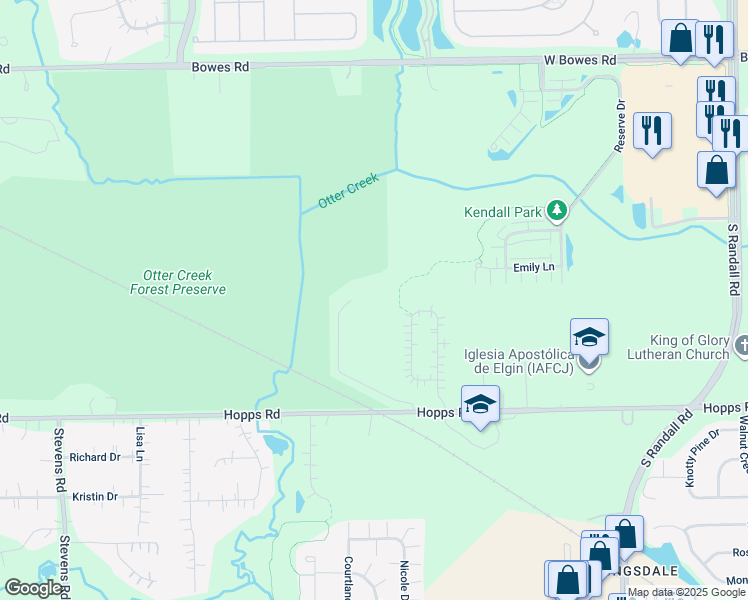 map of restaurants, bars, coffee shops, grocery stores, and more near 37W870 Hopps Road in Elgin