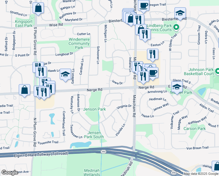 map of restaurants, bars, coffee shops, grocery stores, and more near Wisconsin Lane in Elk Grove Village