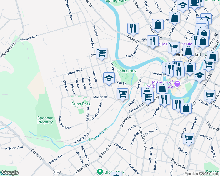 map of restaurants, bars, coffee shops, grocery stores, and more near 96 2nd Avenue in Woonsocket