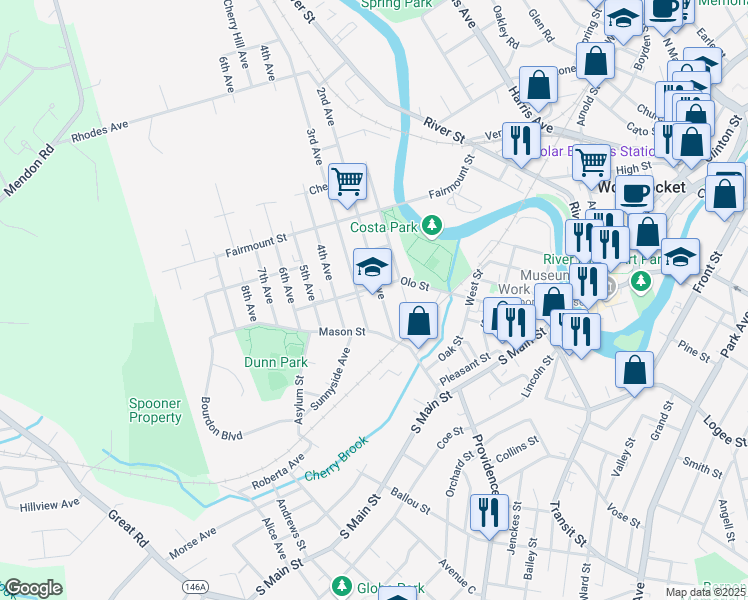 map of restaurants, bars, coffee shops, grocery stores, and more near 96 2nd Avenue in Woonsocket