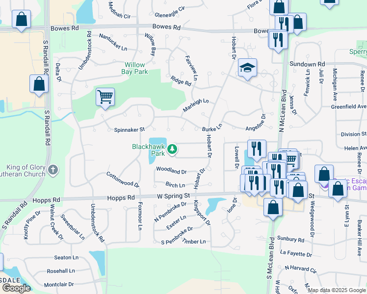 map of restaurants, bars, coffee shops, grocery stores, and more near 1449 North Blackhawk Circle in South Elgin