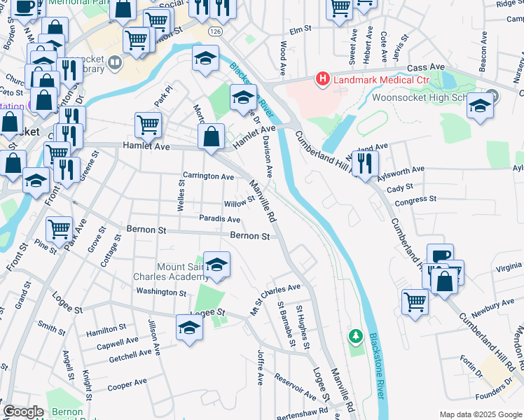 map of restaurants, bars, coffee shops, grocery stores, and more near 270 Manville Road in Woonsocket