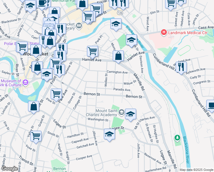 map of restaurants, bars, coffee shops, grocery stores, and more near 384 Willow Street in Woonsocket