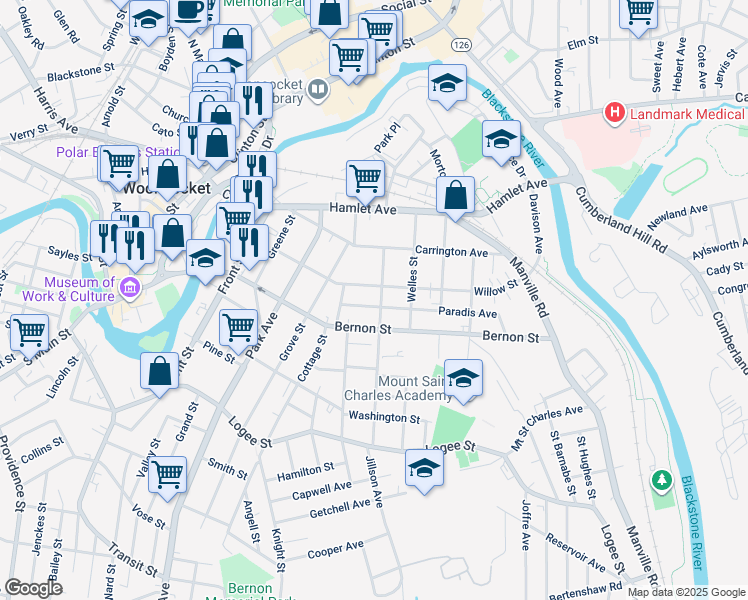 map of restaurants, bars, coffee shops, grocery stores, and more near 218 Willow Street in Woonsocket