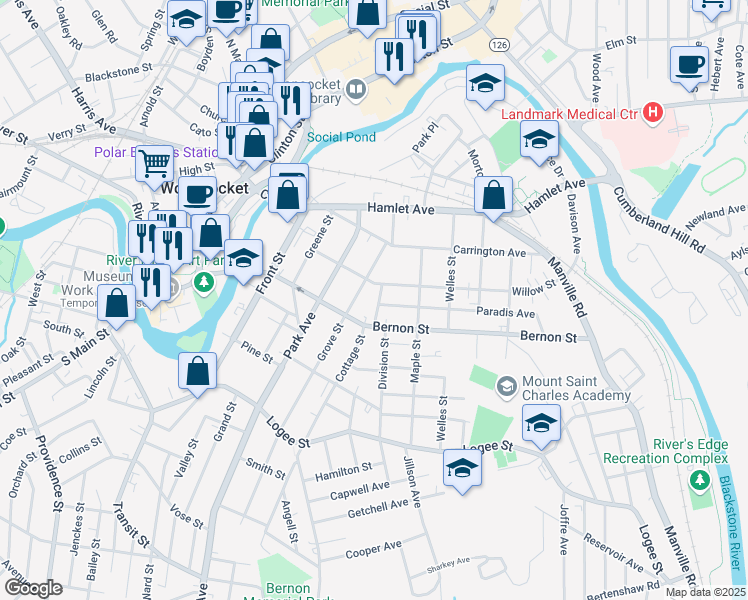 map of restaurants, bars, coffee shops, grocery stores, and more near 191 Grove Street in Woonsocket