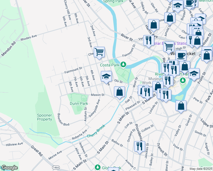 map of restaurants, bars, coffee shops, grocery stores, and more near 149 2nd Avenue in Woonsocket