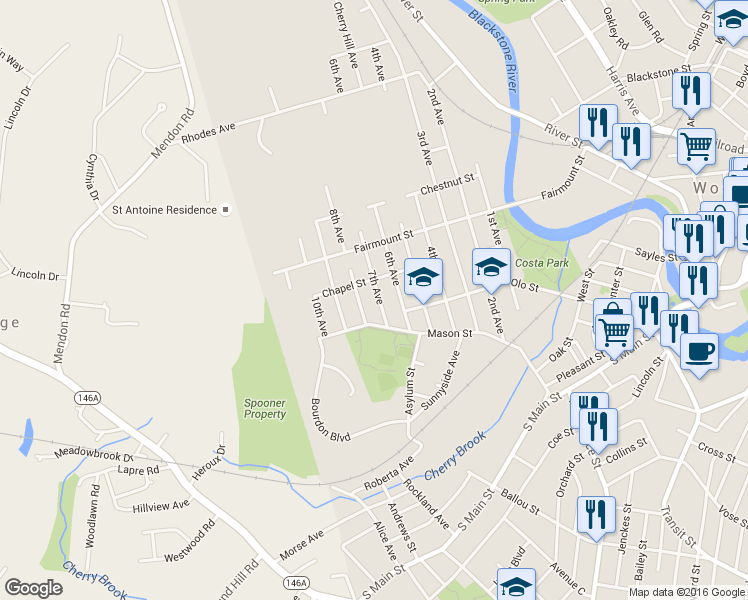 map of restaurants, bars, coffee shops, grocery stores, and more near 72 Chapel Street in Woonsocket