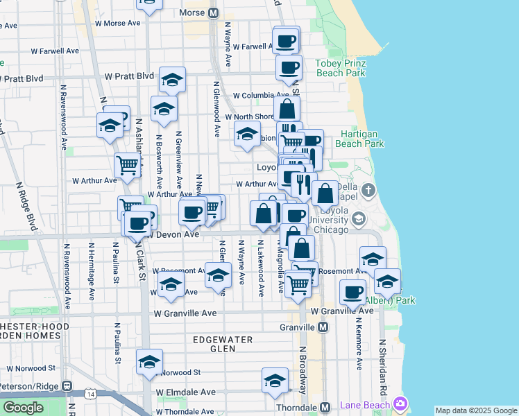 map of restaurants, bars, coffee shops, grocery stores, and more near 1257 West Arthur Avenue in Chicago