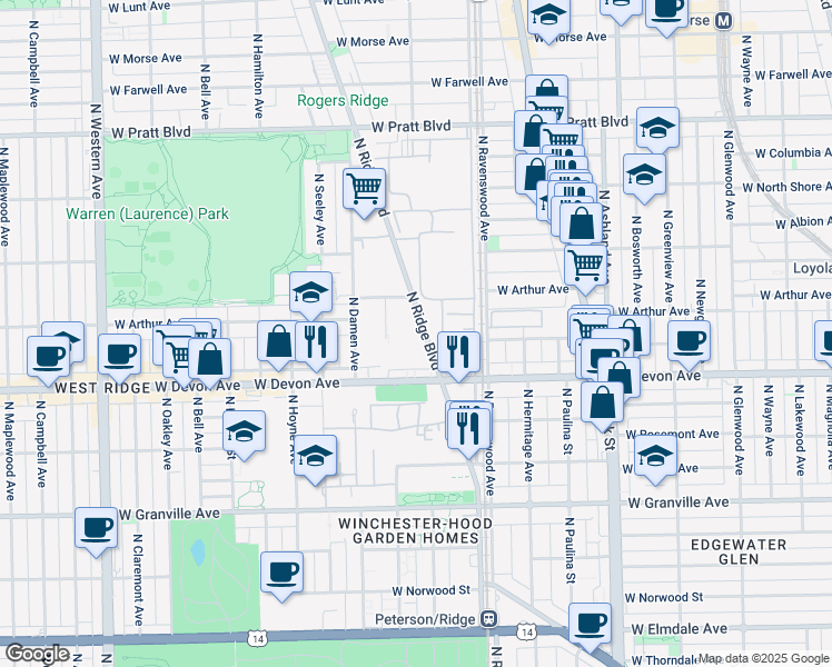 map of restaurants, bars, coffee shops, grocery stores, and more near 6500 North Ridge Boulevard in Chicago