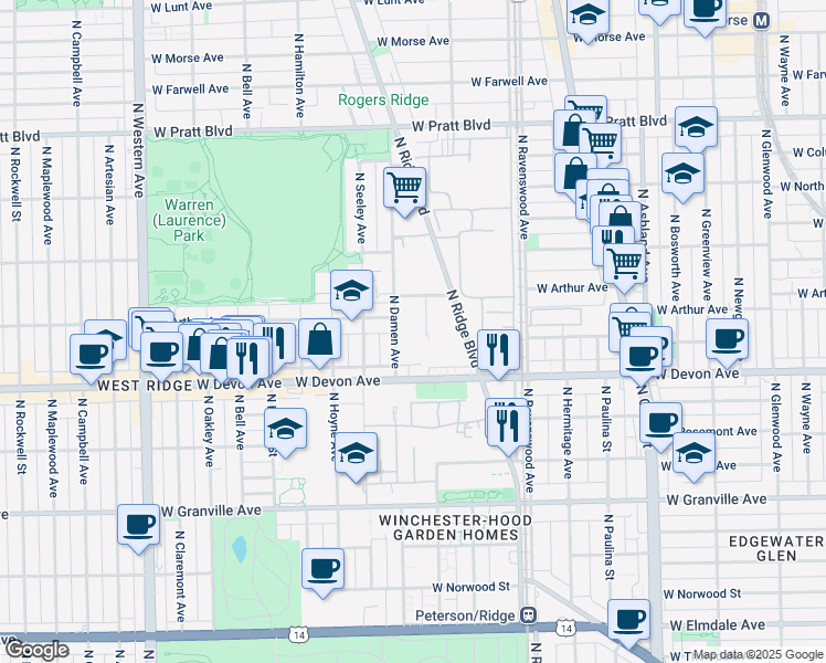 map of restaurants, bars, coffee shops, grocery stores, and more near in Chicago
