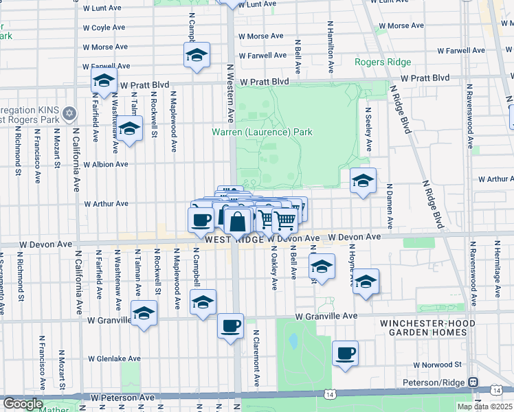 map of restaurants, bars, coffee shops, grocery stores, and more near 6507 North Claremont Avenue in Chicago