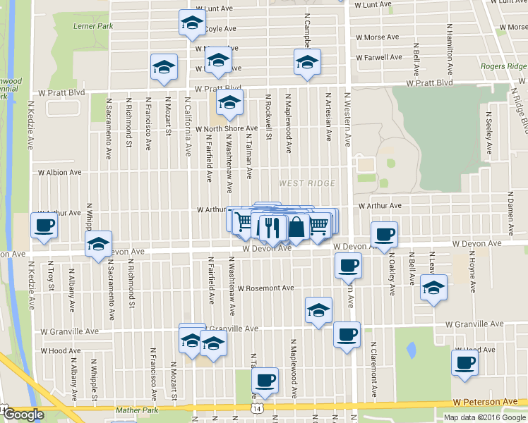 map of restaurants, bars, coffee shops, grocery stores, and more near 6517 North Rockwell Street in Chicago