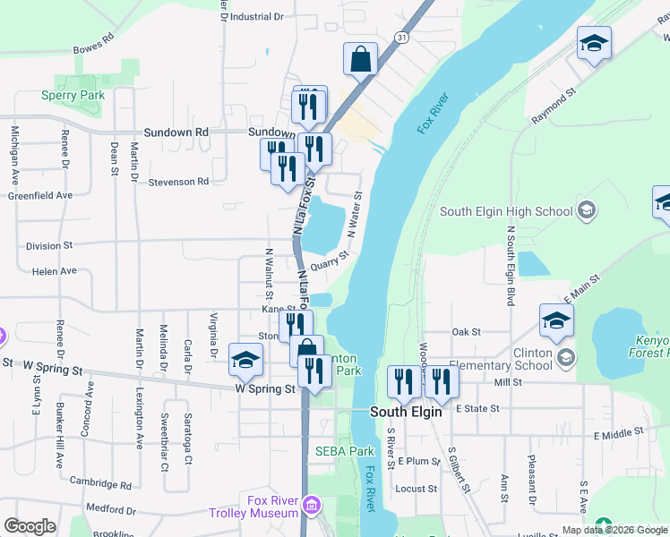 map of restaurants, bars, coffee shops, grocery stores, and more near 156 Quarry Street in South Elgin