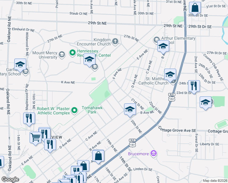 map of restaurants, bars, coffee shops, grocery stores, and more near 634 20th Street Northeast in Cedar Rapids