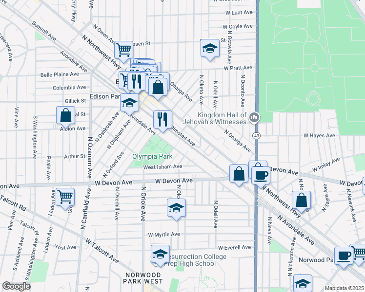 map of restaurants, bars, coffee shops, grocery stores, and more near 6567 North Olmsted Avenue in Chicago