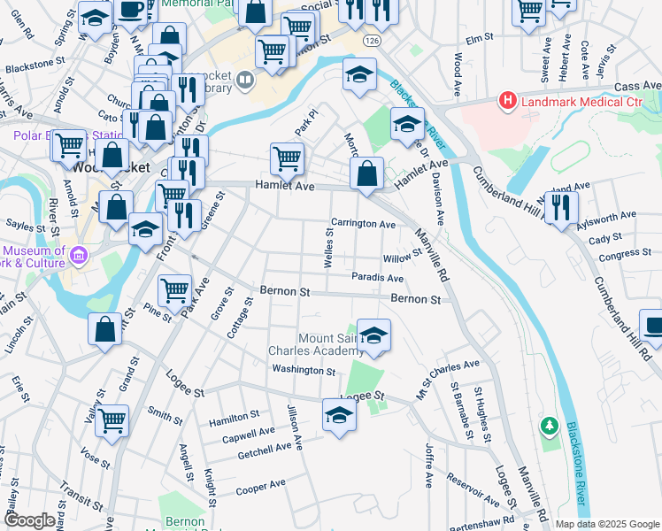 map of restaurants, bars, coffee shops, grocery stores, and more near 202 Welles Street in Woonsocket