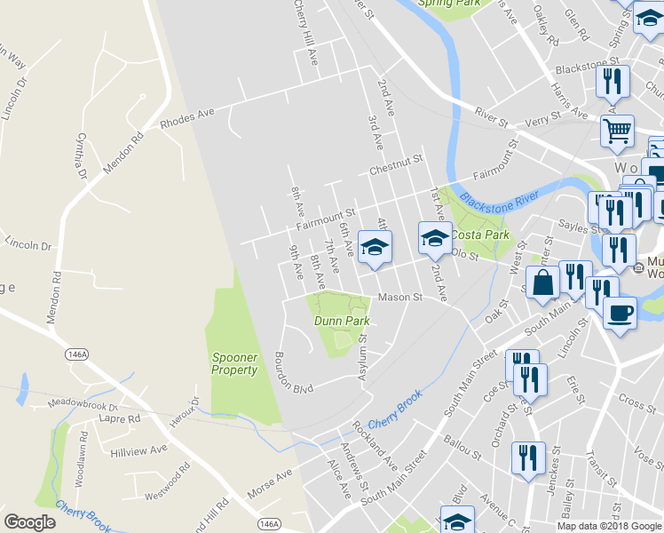 map of restaurants, bars, coffee shops, grocery stores, and more near 64 7th Avenue in Woonsocket