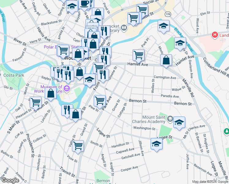 map of restaurants, bars, coffee shops, grocery stores, and more near 222 Park Avenue in Woonsocket