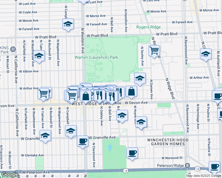 map of restaurants, bars, coffee shops, grocery stores, and more near 2210 West Arthur Avenue in Chicago