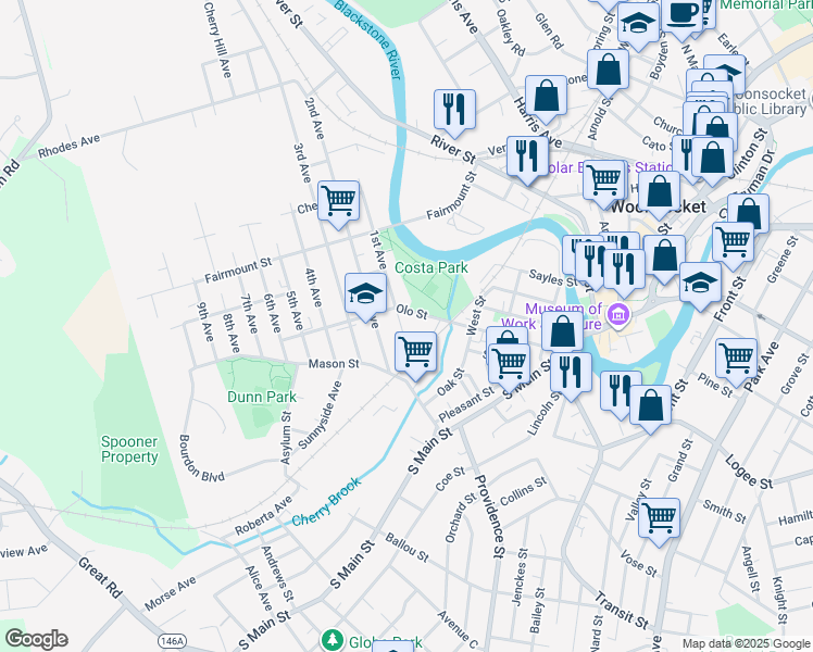 map of restaurants, bars, coffee shops, grocery stores, and more near 37 Foundry Street in Woonsocket