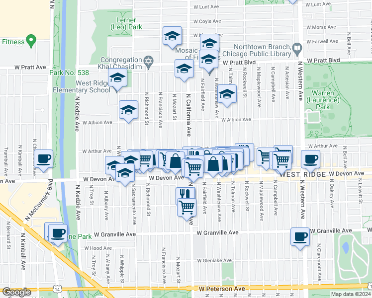 map of restaurants, bars, coffee shops, grocery stores, and more near 2806 West Arthur Avenue in Chicago