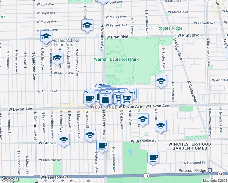 map of restaurants, bars, coffee shops, grocery stores, and more near 2325 West Arthur Avenue in Chicago