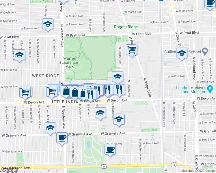 map of restaurants, bars, coffee shops, grocery stores, and more near 6510 North Hamilton Avenue in Chicago