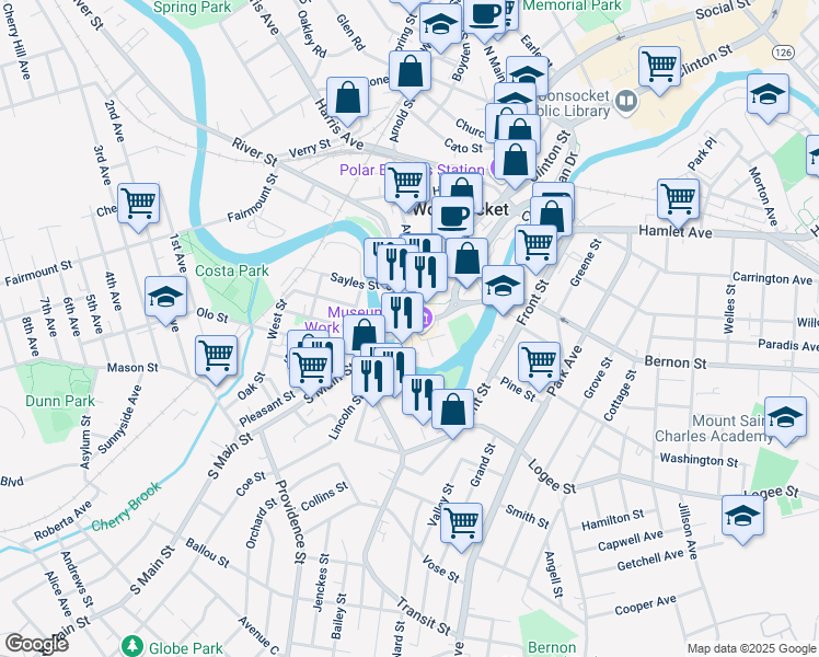 map of restaurants, bars, coffee shops, grocery stores, and more near Market Square in Woonsocket