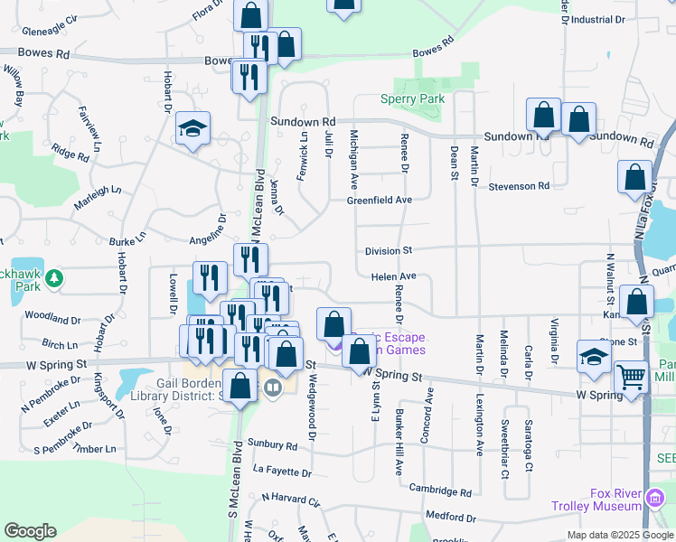 map of restaurants, bars, coffee shops, grocery stores, and more near 962 Manchester Court in South Elgin
