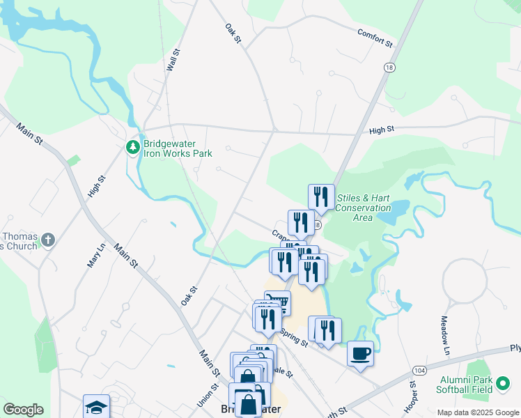 map of restaurants, bars, coffee shops, grocery stores, and more near 211 Oak Street in Bridgewater