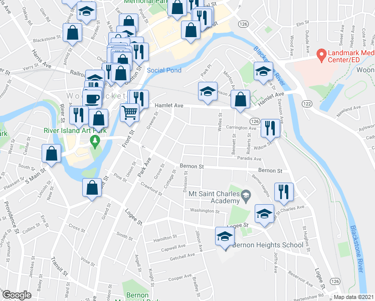 map of restaurants, bars, coffee shops, grocery stores, and more near 218 Willow Street in Woonsocket