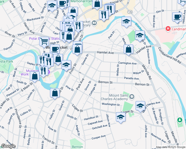 map of restaurants, bars, coffee shops, grocery stores, and more near 191 Grove Street in Woonsocket