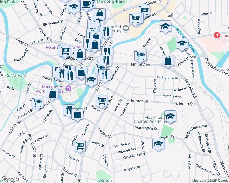map of restaurants, bars, coffee shops, grocery stores, and more near 183 Park Avenue in Woonsocket