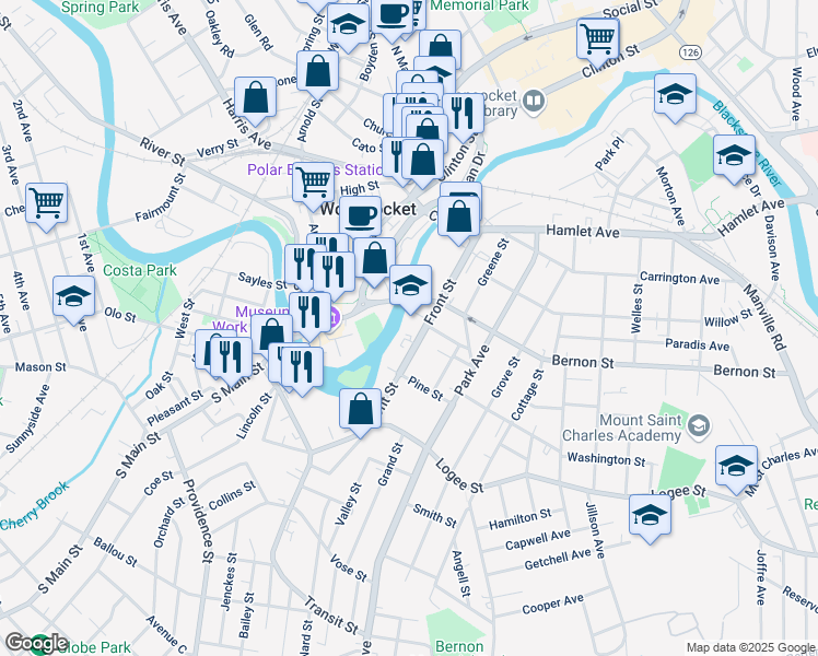 map of restaurants, bars, coffee shops, grocery stores, and more near in Woonsocket