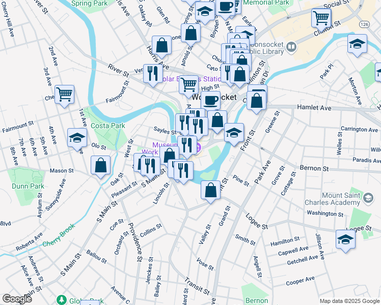 map of restaurants, bars, coffee shops, grocery stores, and more near 21 South Main Street in Woonsocket