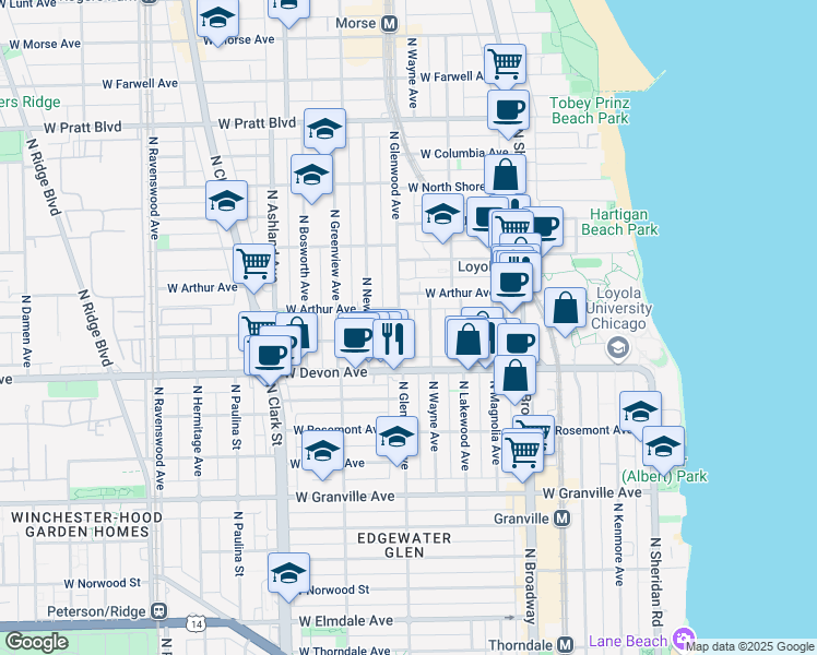 map of restaurants, bars, coffee shops, grocery stores, and more near 1335 West Arthur Avenue in Chicago