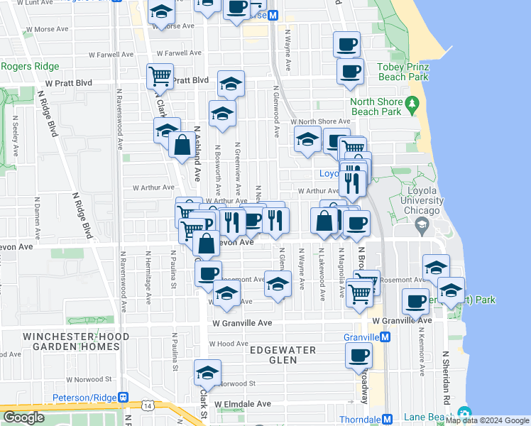 map of restaurants, bars, coffee shops, grocery stores, and more near 6504 North Glenwood Avenue in Chicago