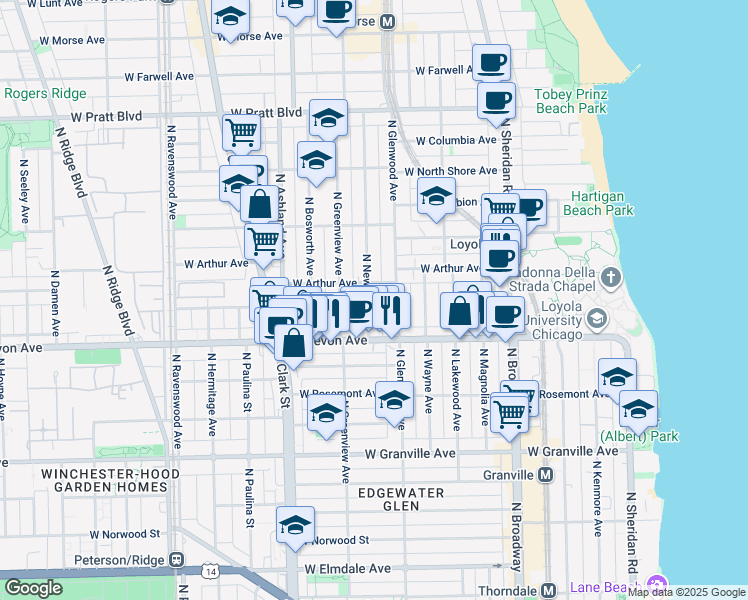 map of restaurants, bars, coffee shops, grocery stores, and more near 6504 North Glenwood Avenue in Chicago