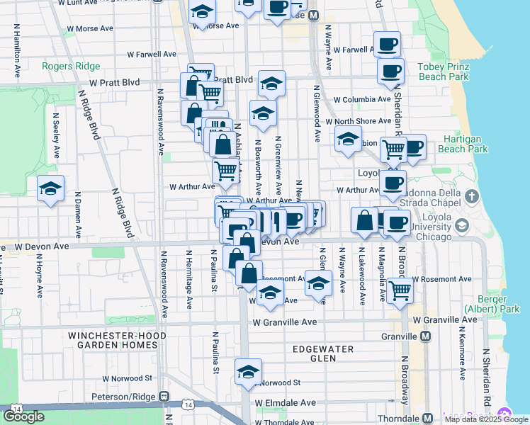 map of restaurants, bars, coffee shops, grocery stores, and more near 6503 North Bosworth Avenue in Chicago