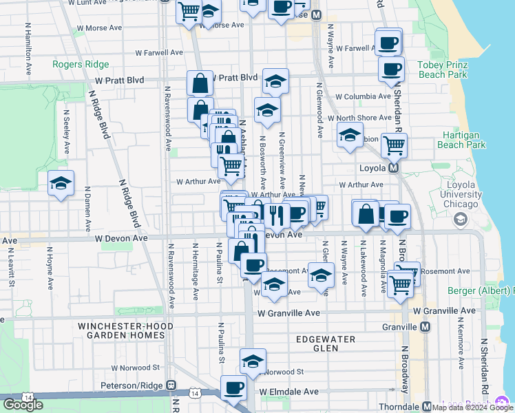 map of restaurants, bars, coffee shops, grocery stores, and more near in Chicago