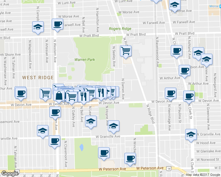 map of restaurants, bars, coffee shops, grocery stores, and more near 6505 North Hoyne Avenue in Chicago